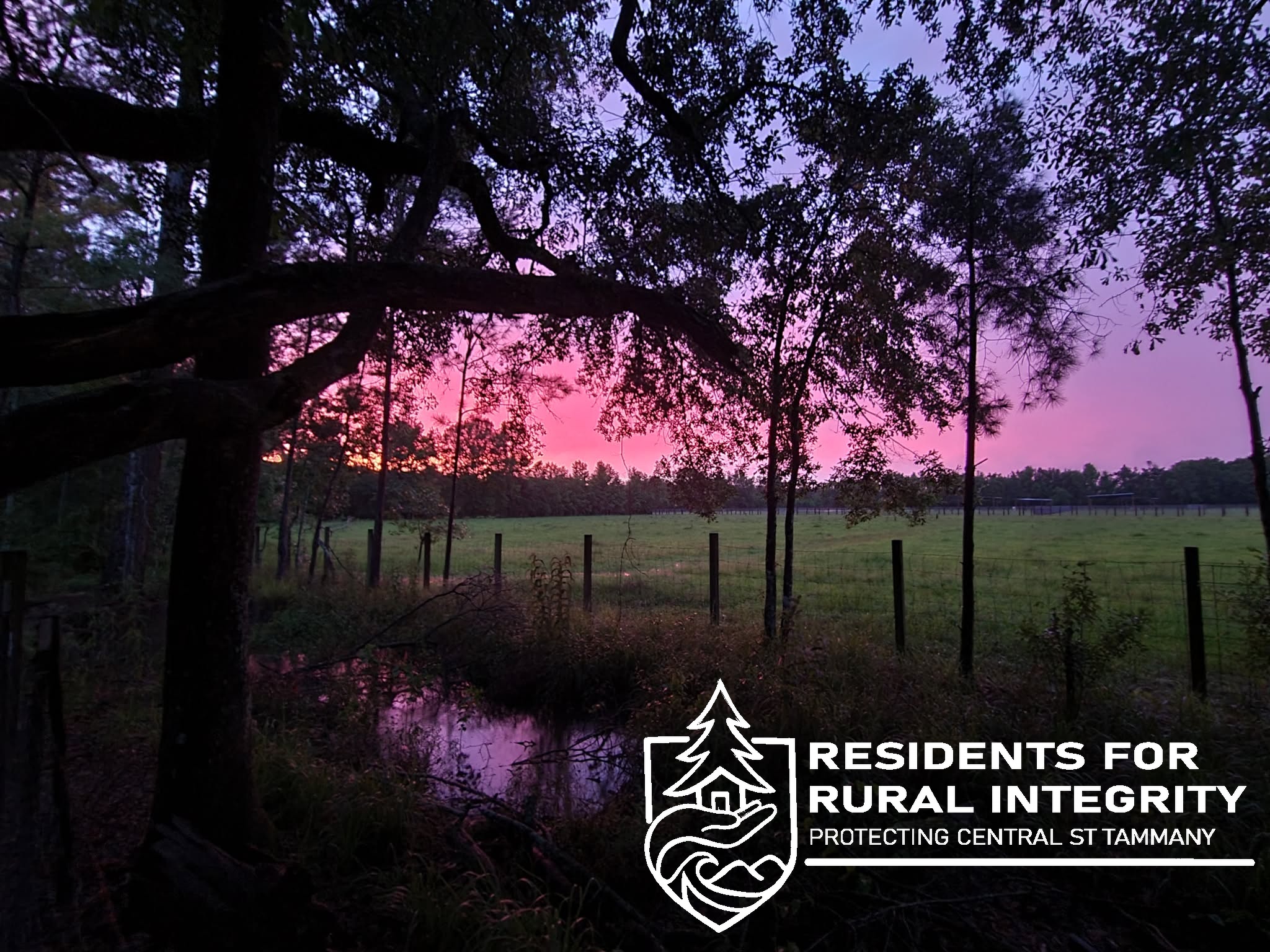 Sunset over a rural Bush pasture with the Residents for Rural Integrity mark