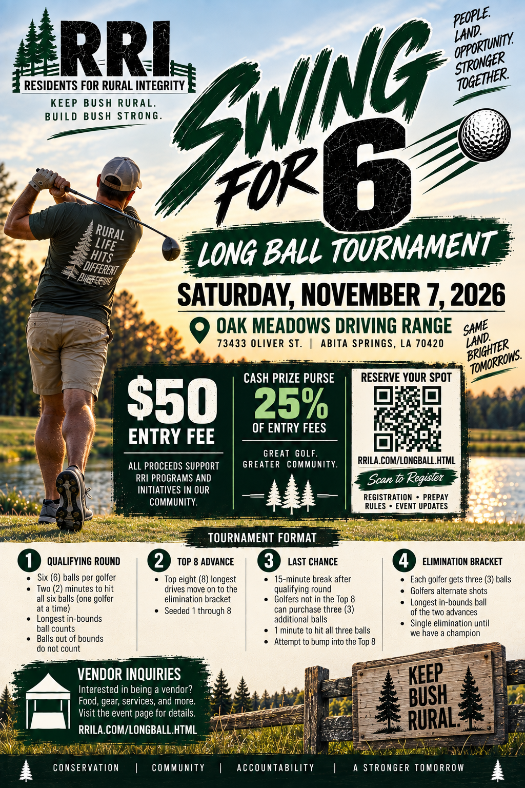 Swing for 6 event flyer featuring a golfer at a rural range